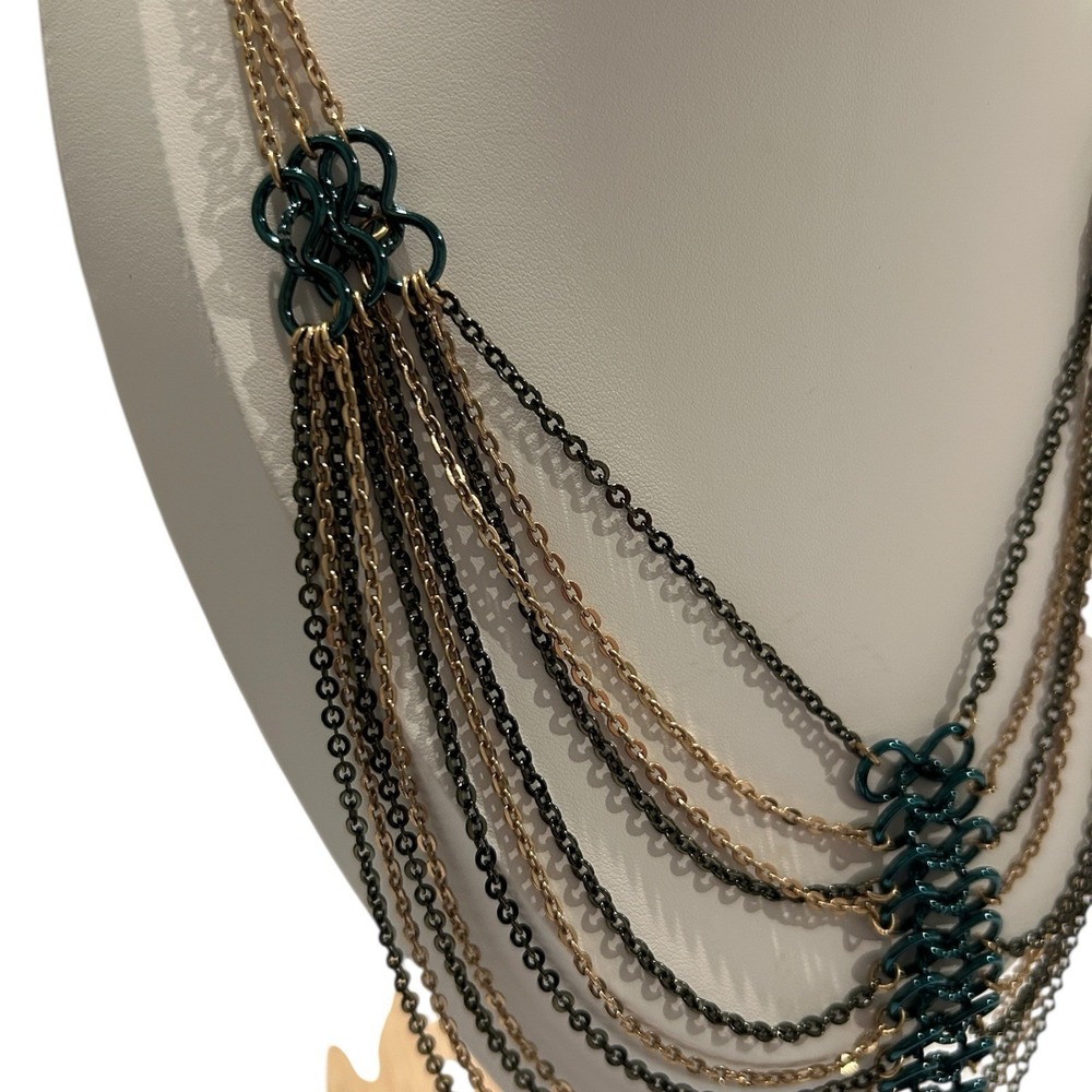 Layered Chain Statement Necklace Women's Gold Black Teal Boho Chic NWOT